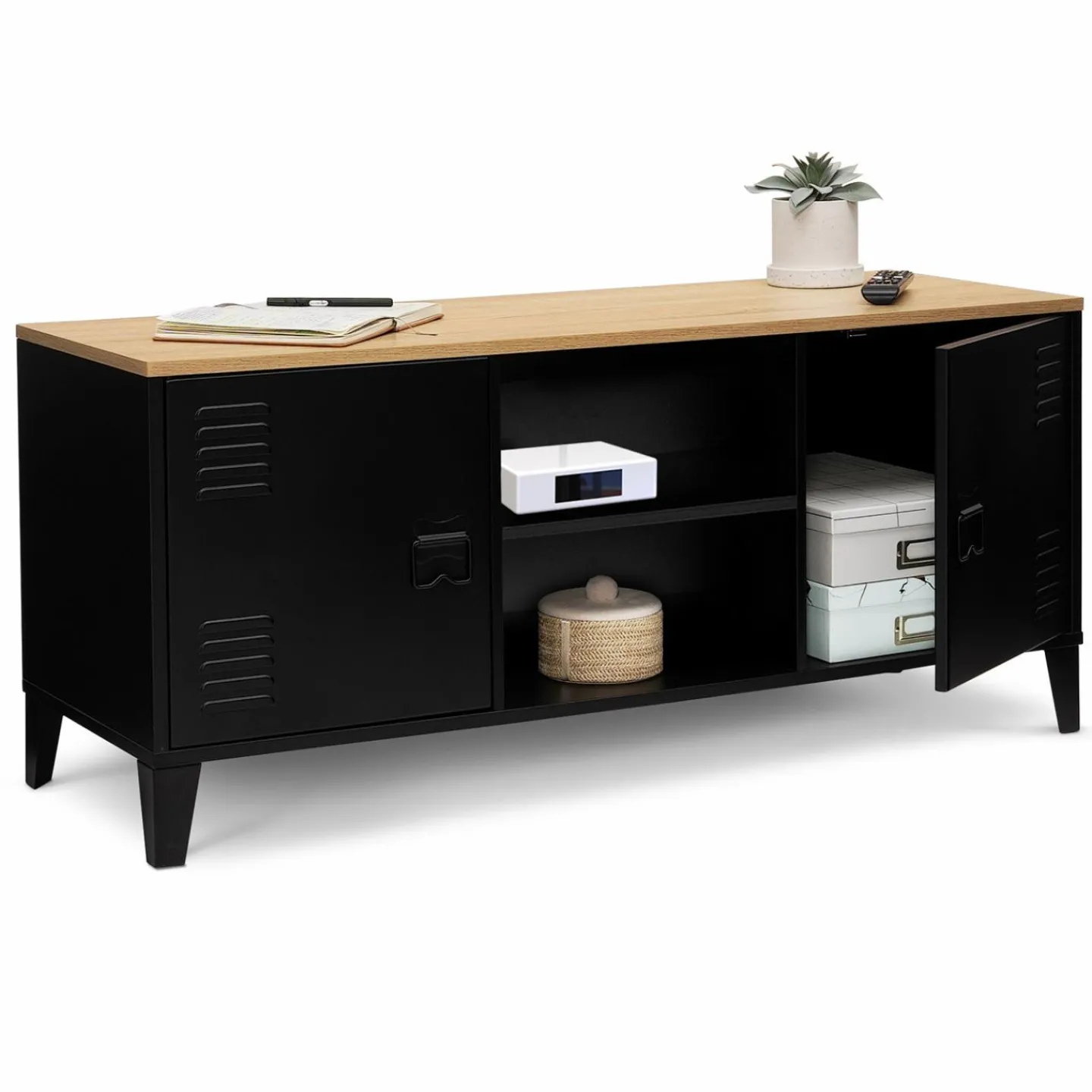 Meuble TV vestiaire portes métal et plateau bois 113 cm*IDMarket Sale