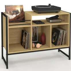 Meuble vinyle, buffet de rangement 100cm bois et noir design industriel*IDMarket Outlet