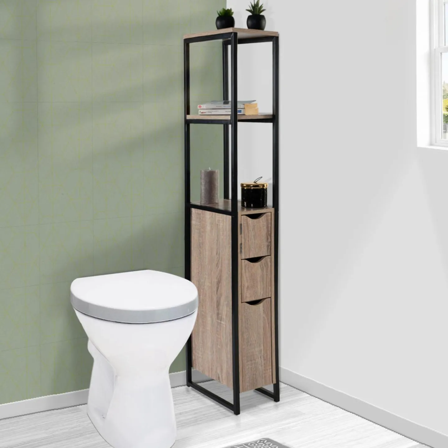 Meuble WC 3 portes DETROIT design industriel avec étagères*IDMarket Hot