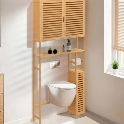 Meuble WC en bambou avec 1 placard double et 1 étagère*IDMarket Online