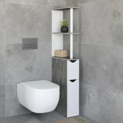Meuble WC gain de place en bois blanc et effet béton*IDMarket