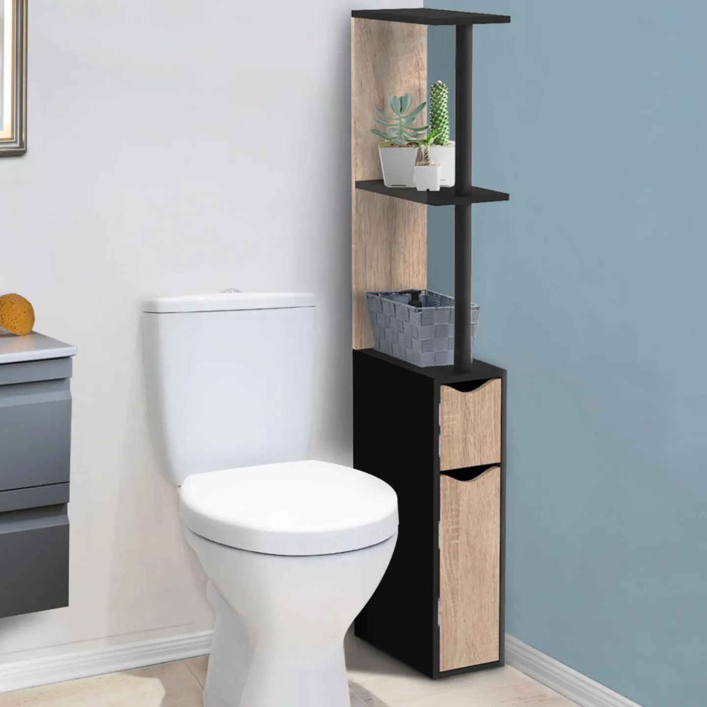 Meuble WC étagère avec 2 portes noir et bois*IDMarket Sale