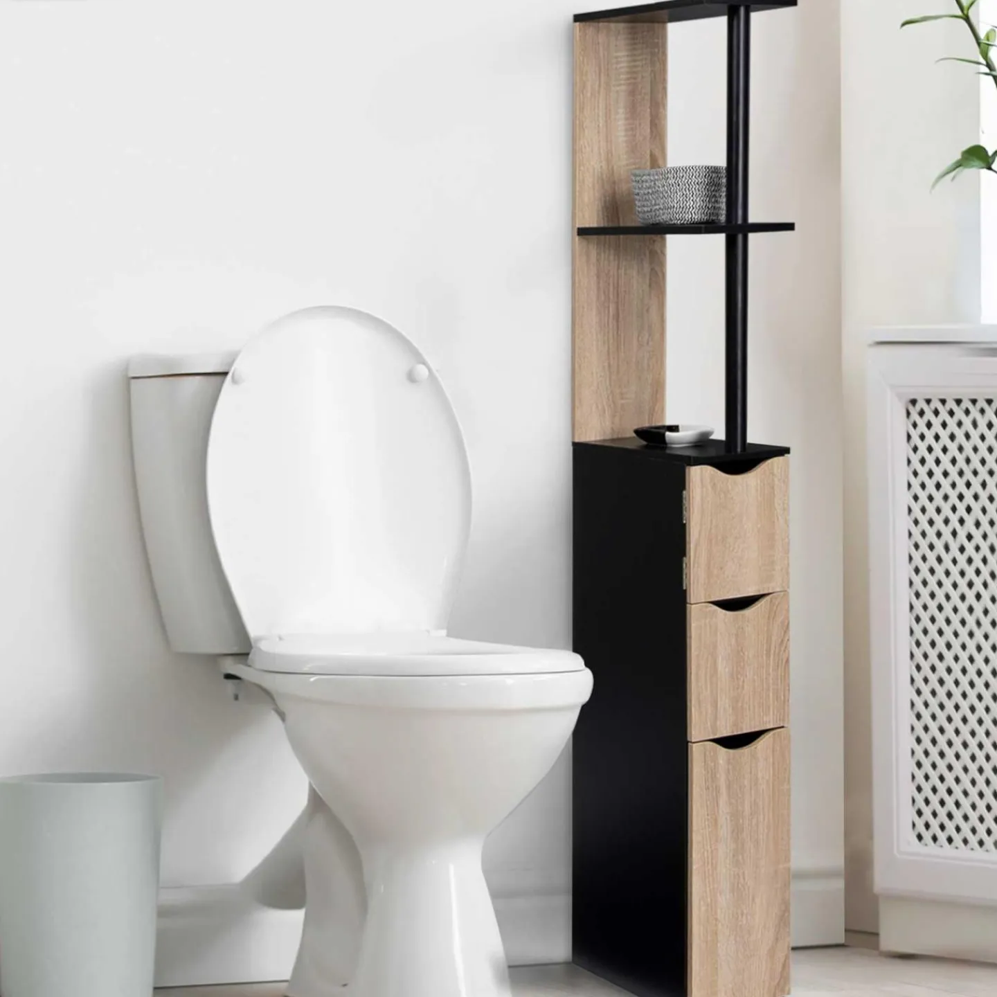 Meuble WC étagère avec portes : noir et bois*IDMarket Clearance