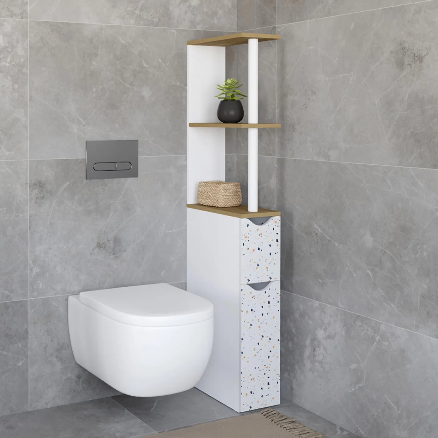 Meuble WC étagère hêtre et motif terrazzo avec 2 portes*IDMarket New