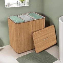 Panier à linge 3 bacs amovibles bambou et tissu*IDMarket Sale
