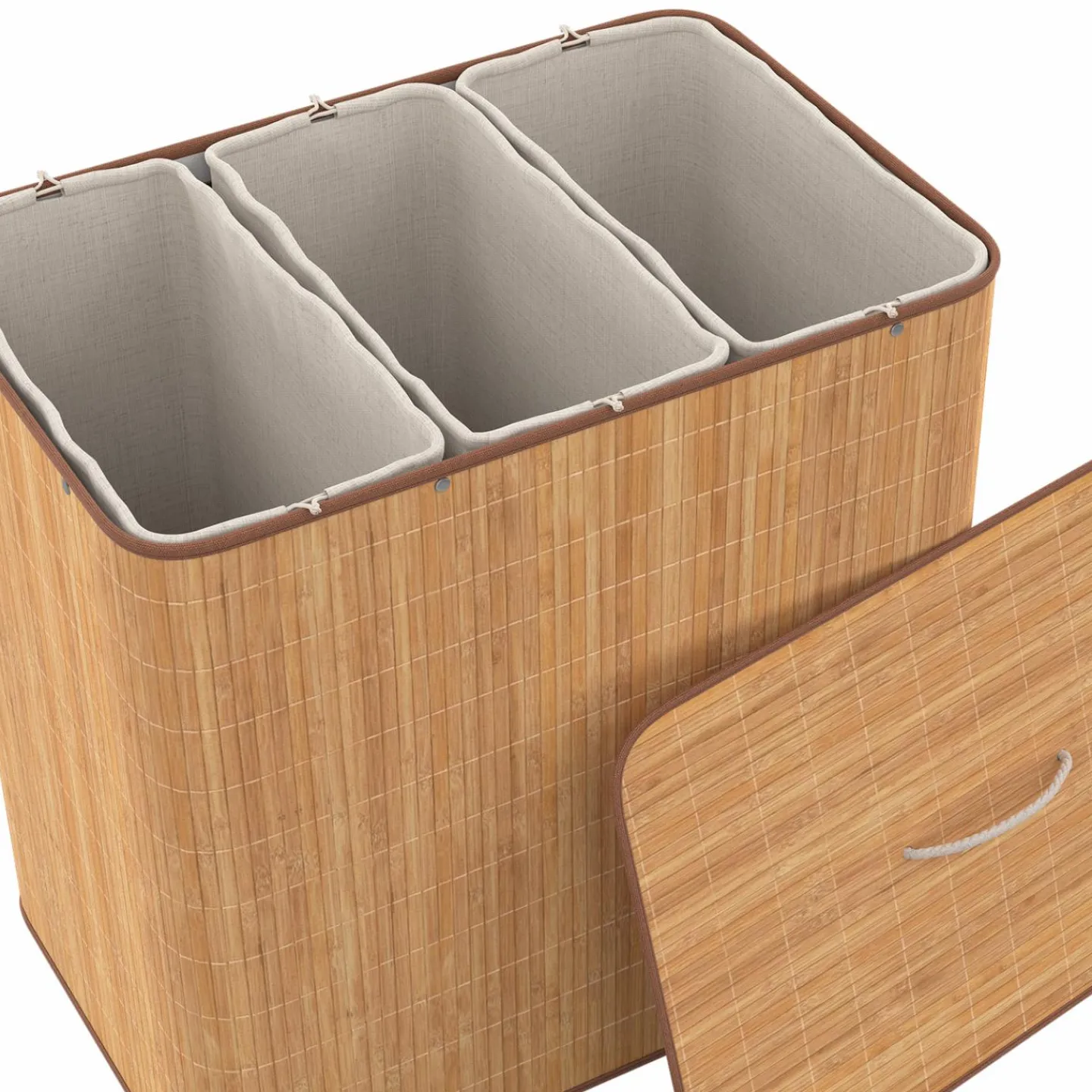 Panier à linge 3 bacs amovibles bambou et tissu*IDMarket Sale