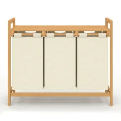 Panier à linge bambou 3 bacs tissu écru*IDMarket Clearance
