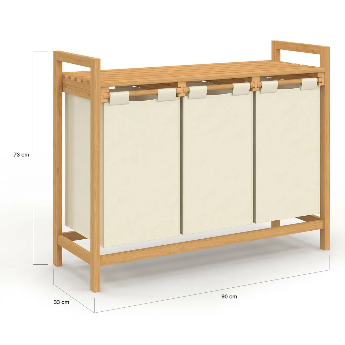 Panier à linge bambou 3 bacs tissu écru*IDMarket Clearance