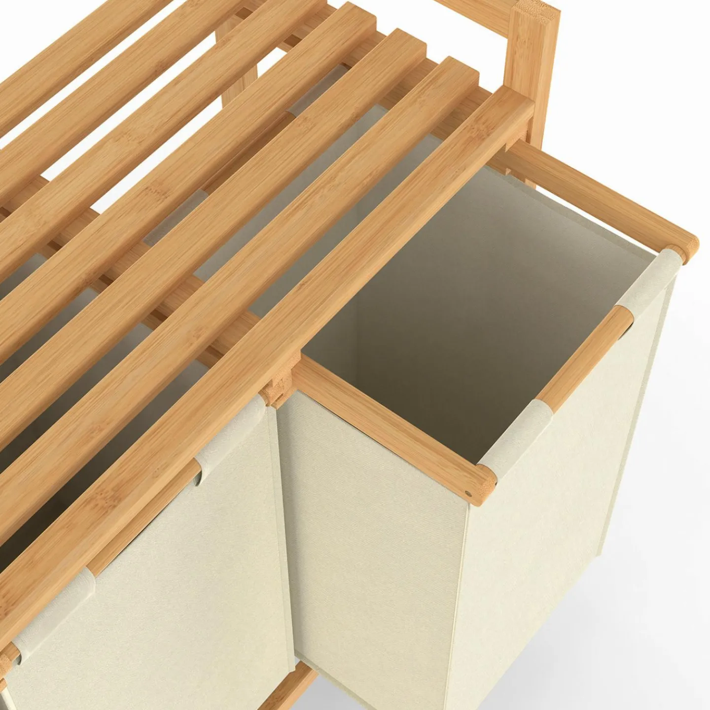 Panier à linge bambou 3 bacs tissu écru*IDMarket Clearance