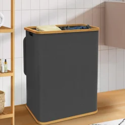 Panier à linge 140L 2 bacs amovibles bambou gris*IDMarket Discount