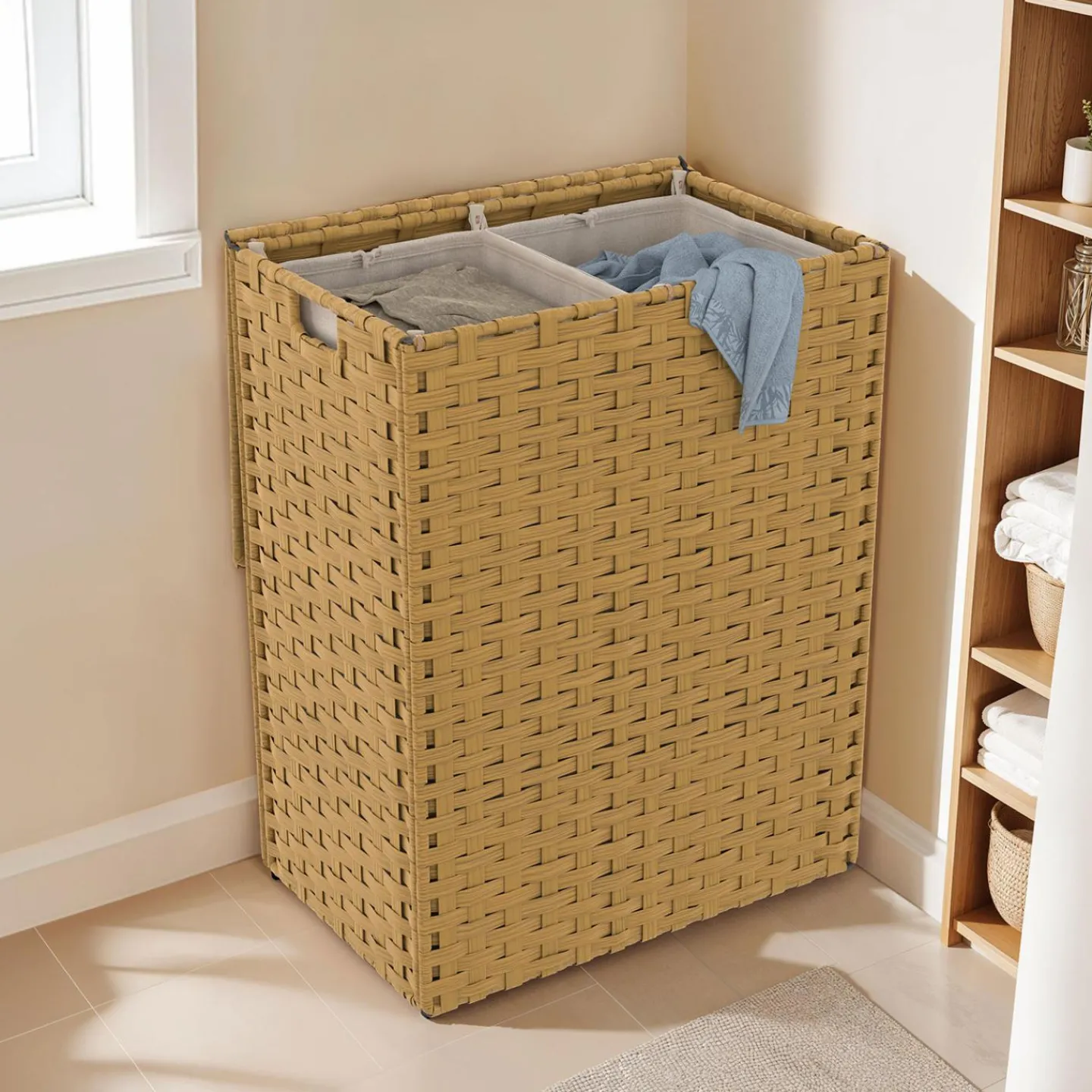 Panier à linge 140L 2 bacs amovibles effet rotin et tissu*IDMarket Online