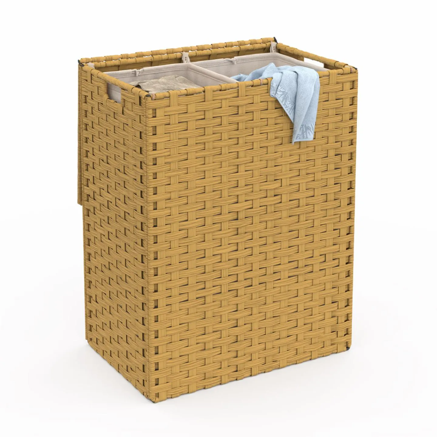 Panier à linge 140L 2 bacs amovibles effet rotin et tissu*IDMarket Online