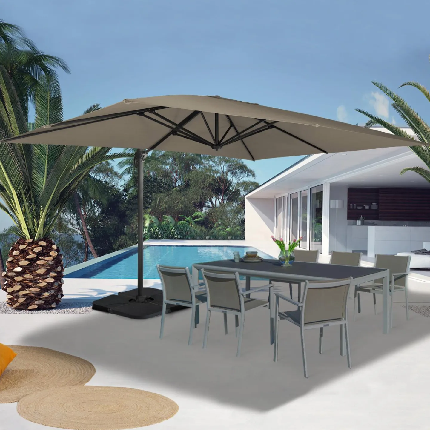 Parasol déporté rotatif 3x4 m taupe "60° avec 4 dalles et housse*IDMarket Hot