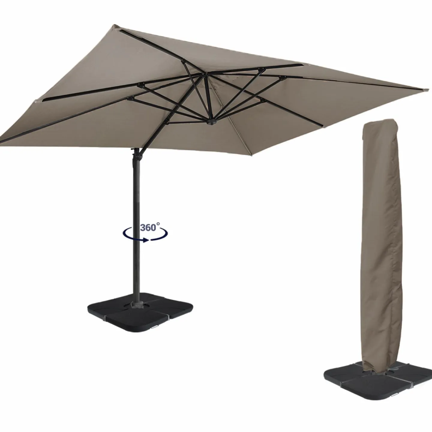 Parasol déporté rotatif 3x4 m taupe "60° avec 4 dalles et housse*IDMarket Hot