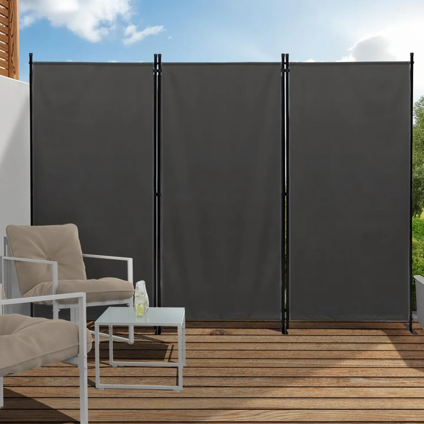 Paravent extérieur / intérieur sur pieds 3 panneaux gris anthracite*IDMarket Hot