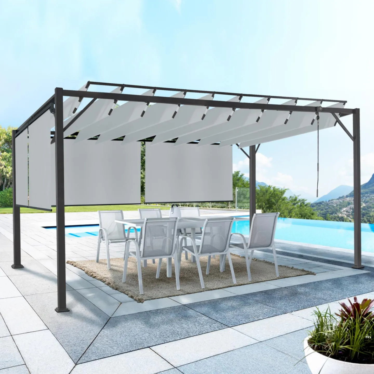 Pergola acier lames orientables 3x4 m avec 4 stores gris clair*IDMarket