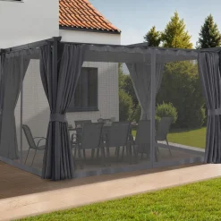 Pergola avec moustiquaire intégrée, toit rétractable et 4 rideaux gris 3x4 m*IDMarket