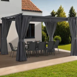 Pergola avec moustiquaire intégrée, toit rétractable et 4 rideaux gris 3x4 m*IDMarket