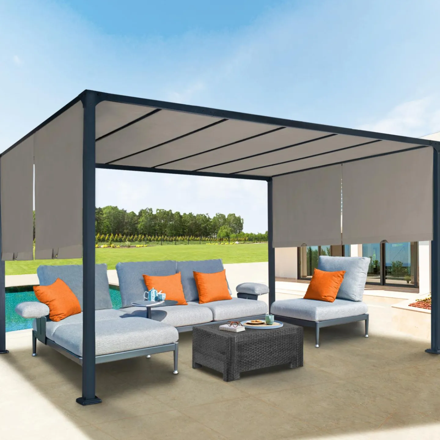 Pergola avec rideaux coulissants taupe 3x4m*IDMarket Hot