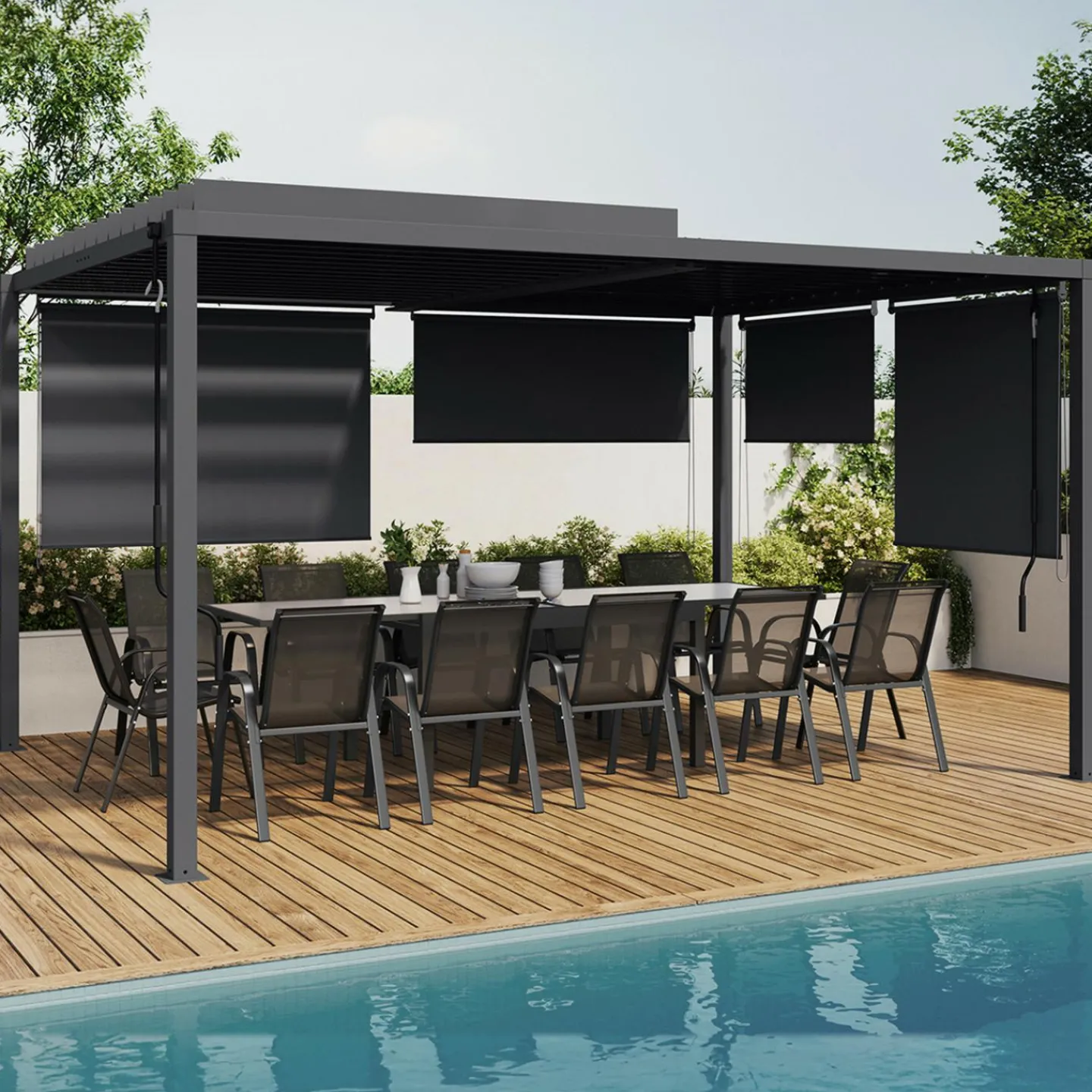 Pergola bioclimatique 3x4M lames orientables et stores gris anthracite*IDMarket Best