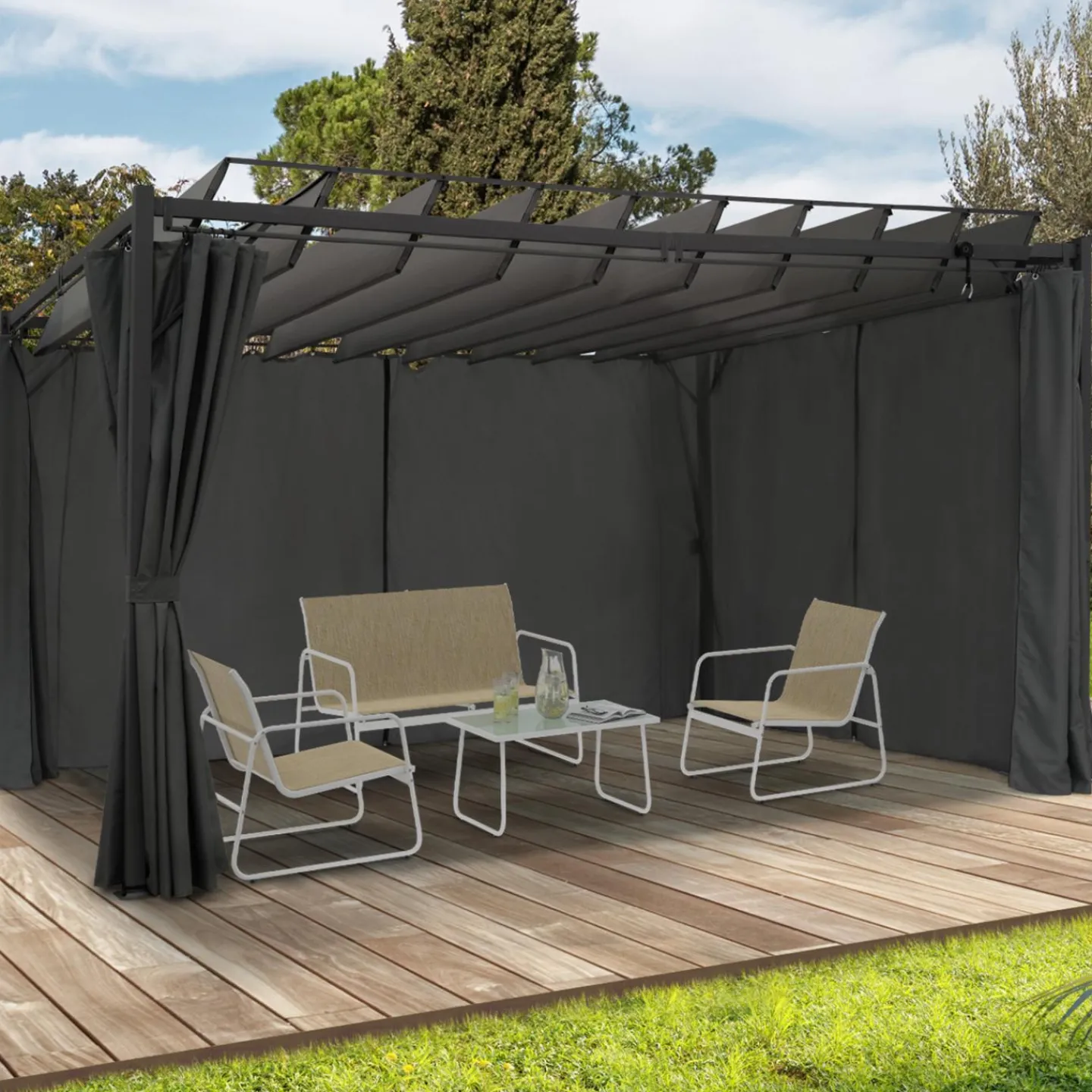 Pergola lames orientables avec 4 rideaux gris 3x4 M*IDMarket Discount