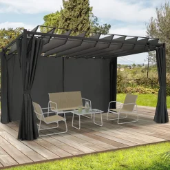 Pergola lames orientables avec 4 rideaux gris 3x4 M*IDMarket Discount