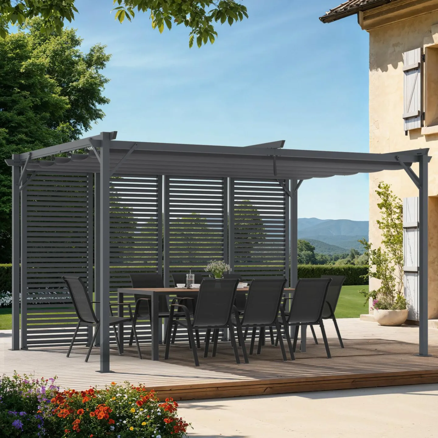 Pergola persienne 3x4M gris anthracite avec toit rétractable et 4 pans modulables*IDMarket New