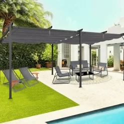 Pergola rétractable gris 6 pieds en acier 3x6 m et toile polyester*IDMarket Discount