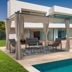 Pergola toit rétractable avec rideaux coloris taupe*IDMarket Sale