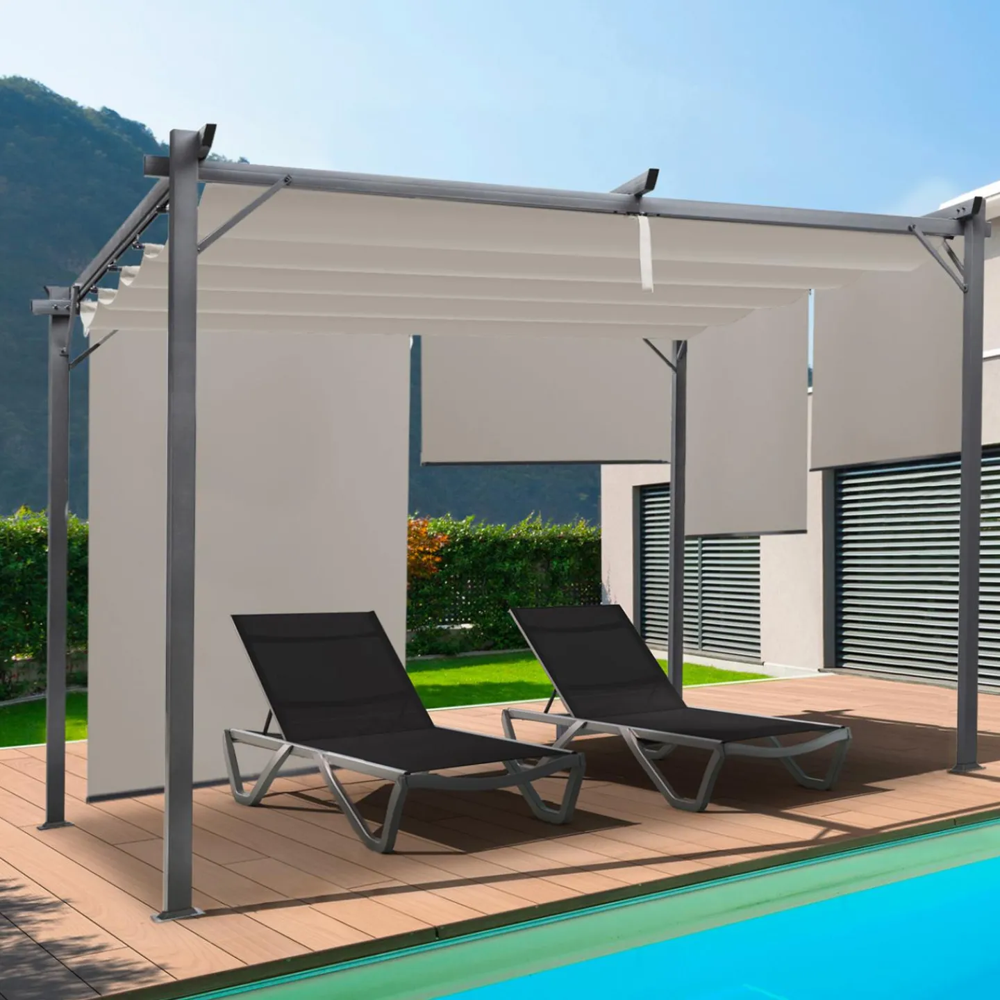 Pergola toit rétractable taupe et stores enrouleurs*IDMarket Online