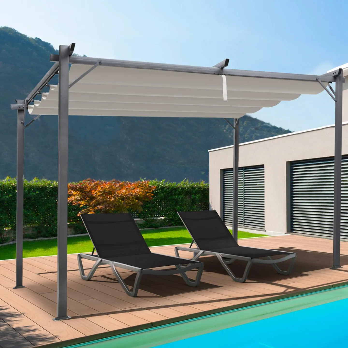 Pergola toit rétractable taupe et stores enrouleurs*IDMarket Online