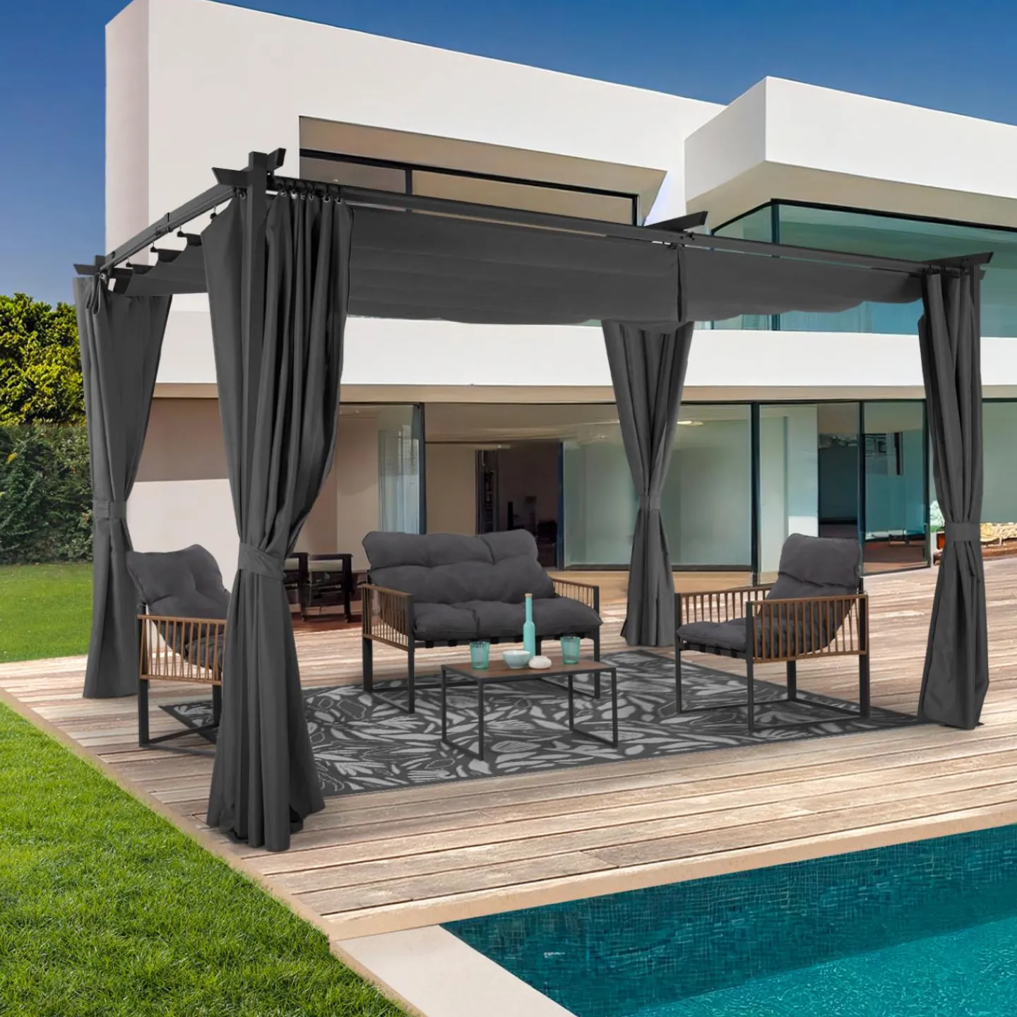 Pergola toit rétractable 3x4m gris avec 4 rideaux*IDMarket Sale