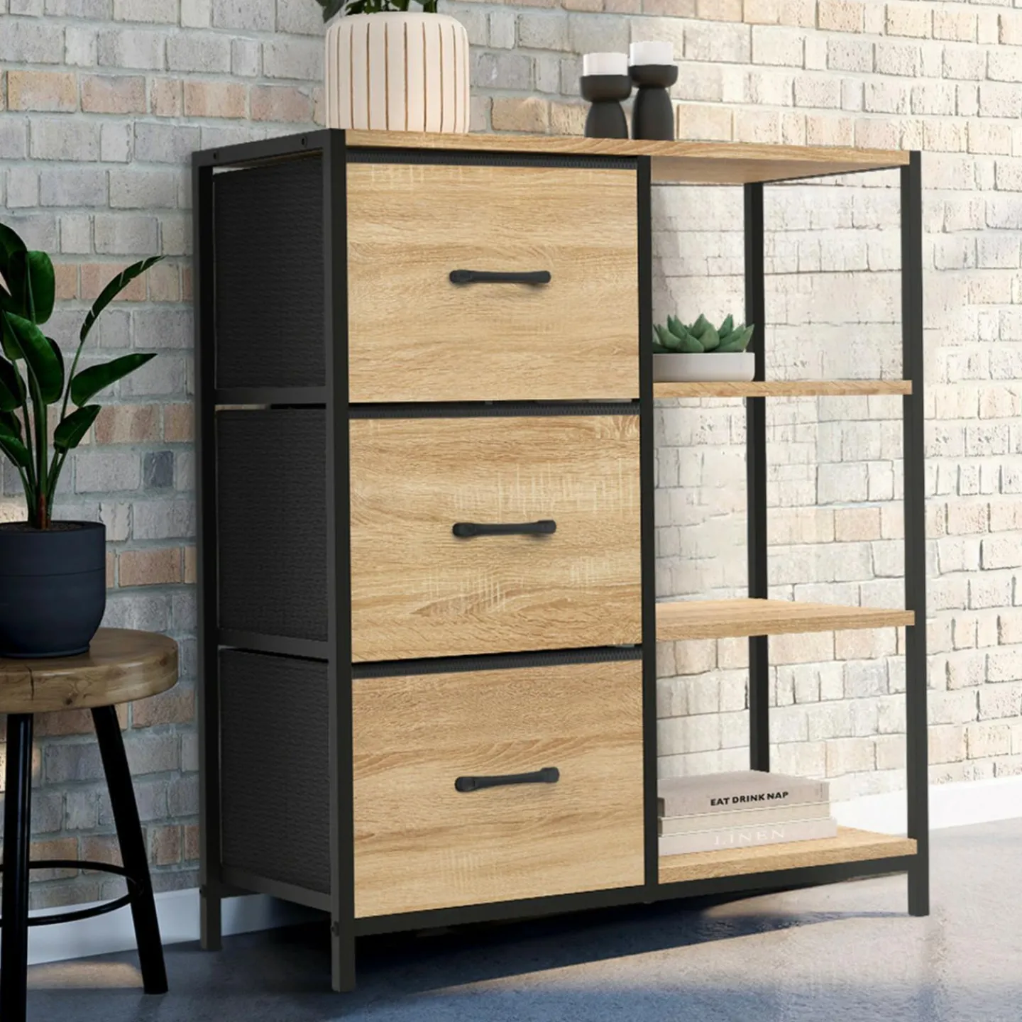 Petit buffet d’appoint industriel 3 tiroirs et étagères*IDMarket Best