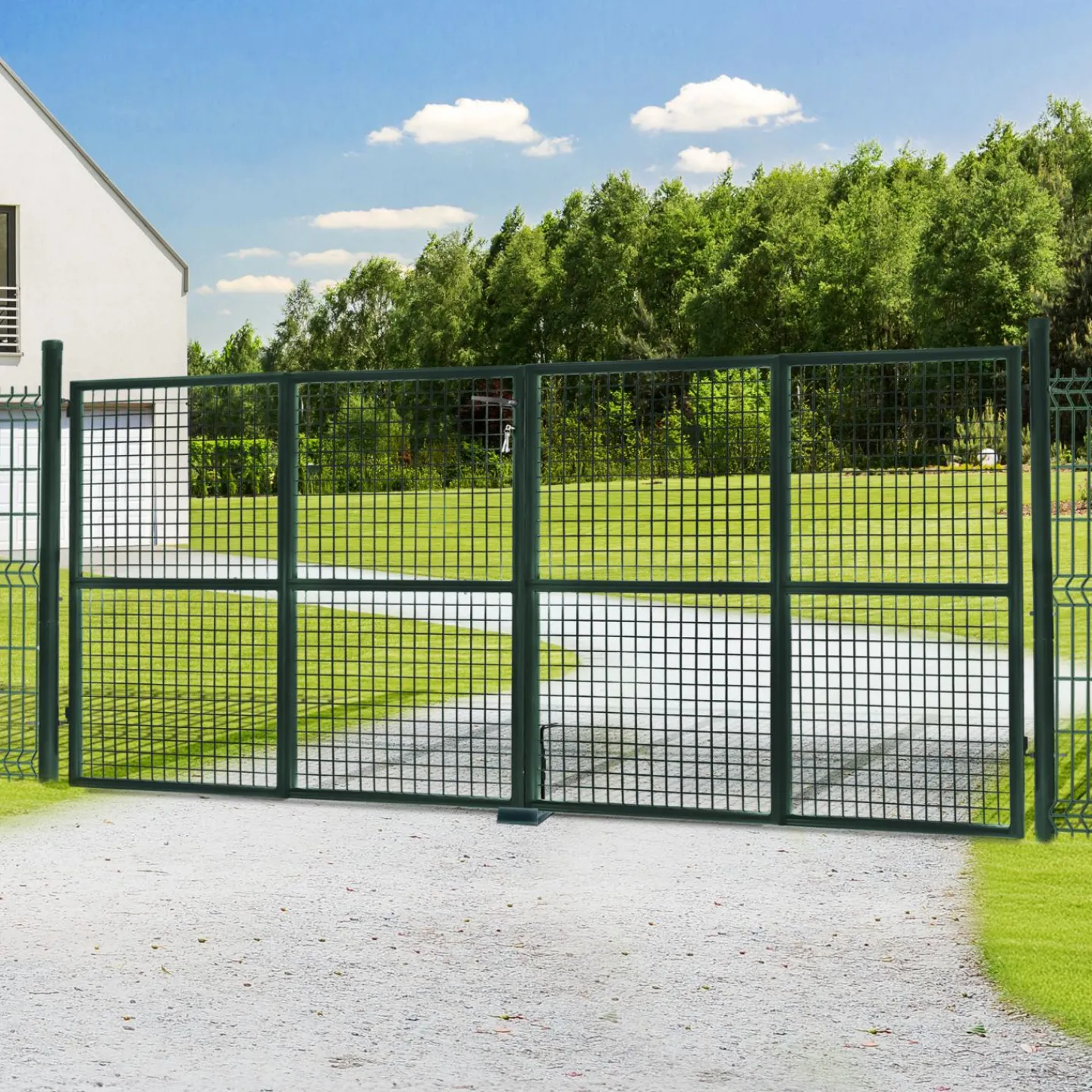 Portail battant grillagé en acier vert 3M15 x 1M50 avec serrure et poignée*IDMarket Clearance