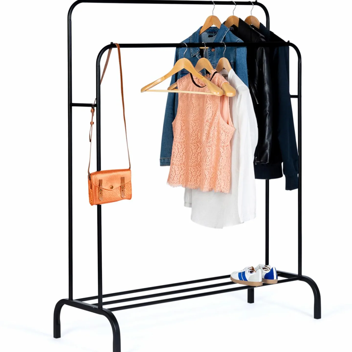 Portant vêtements double en métal noir avec étagère à chaussures*IDMarket Online