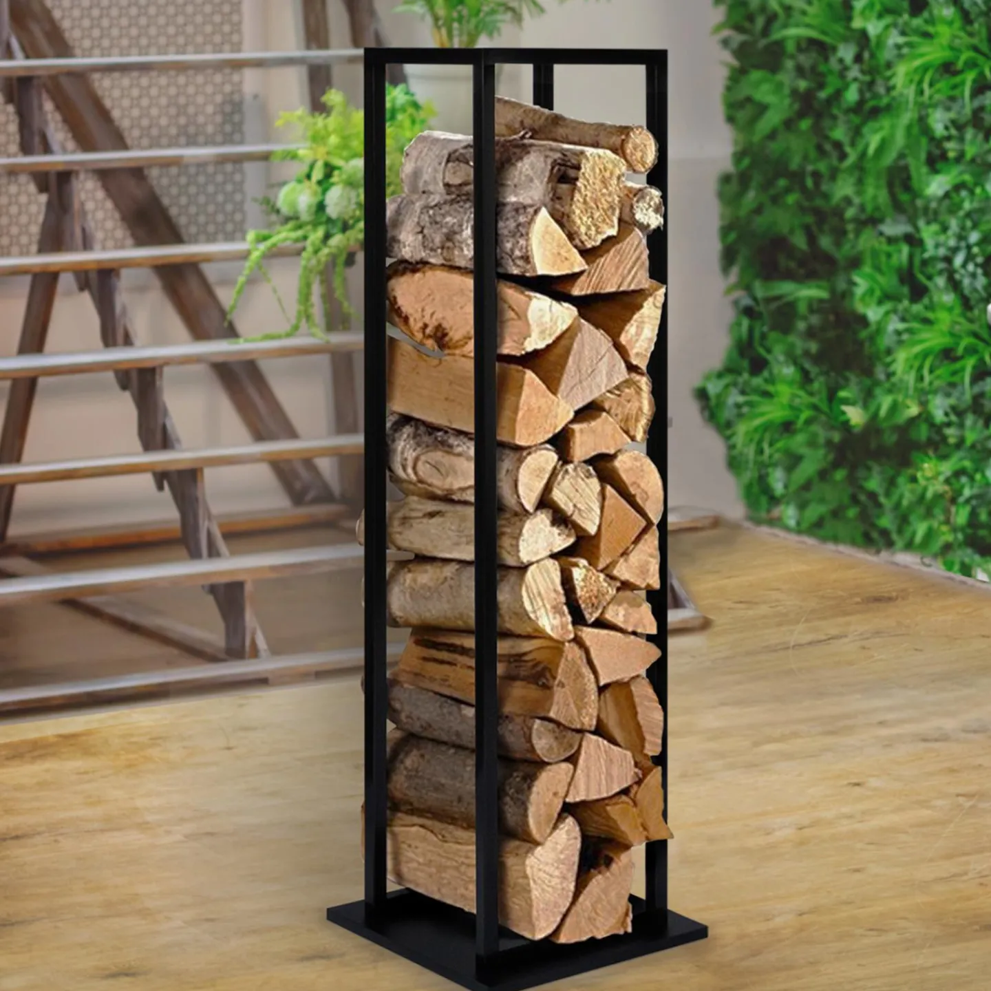 Porte bûches vertical intérieur 112 CM en métal noir*IDMarket