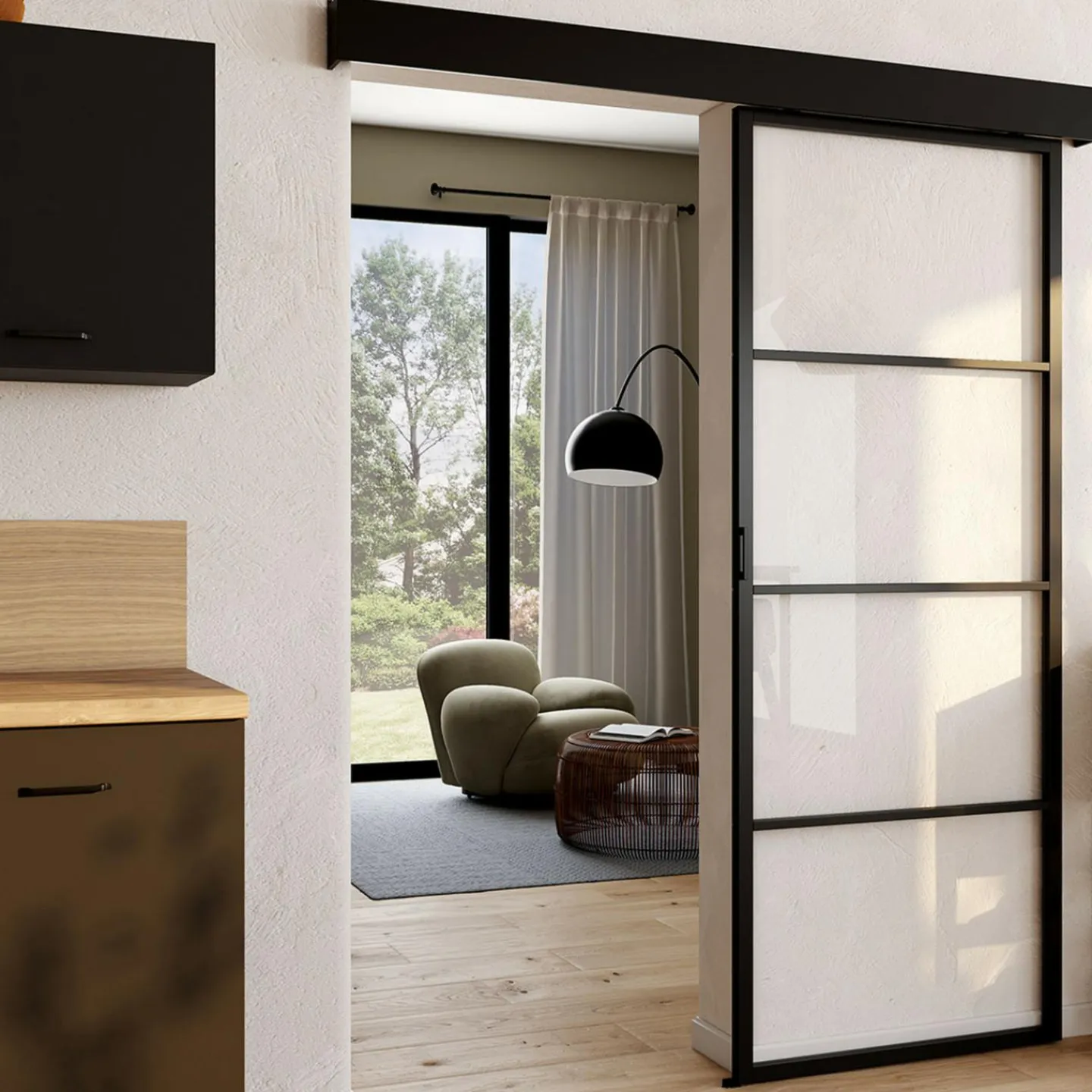 Porte coulissante vitrée en métal et MDF avec rail*IDMarket Clearance