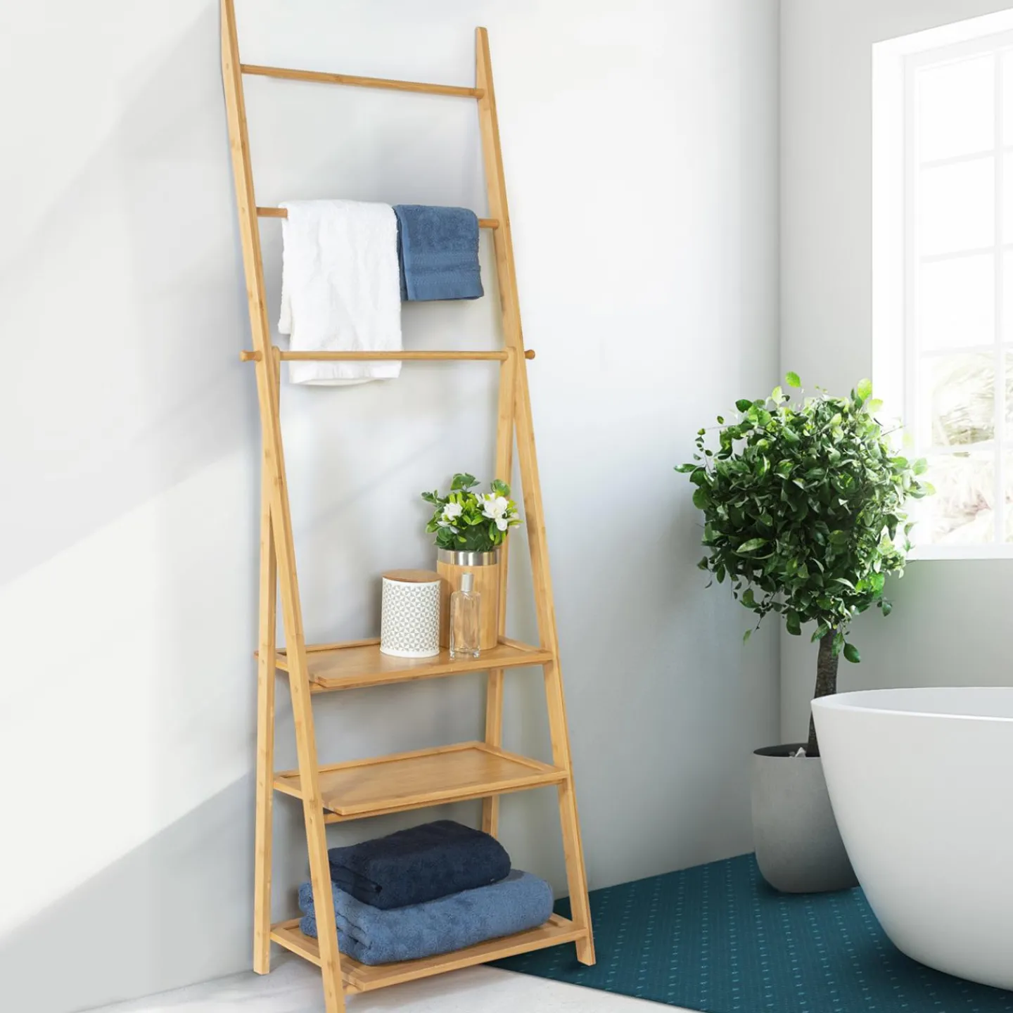 Porte serviettes en bambou pour salle de bain*IDMarket