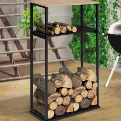 Porte-bûches intérieur vertical 33x66x112 cm en métal noir avec étagère*IDMarket Outlet