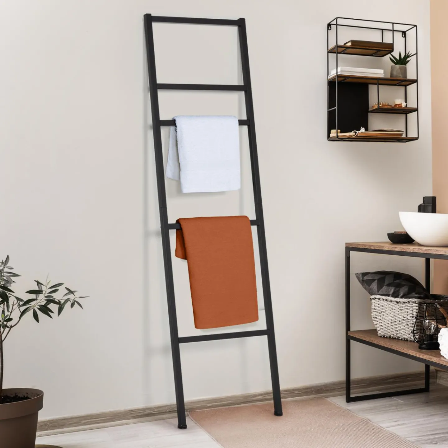 Porte-serviettes échelle pour salle de bain en métal noir*IDMarket Best