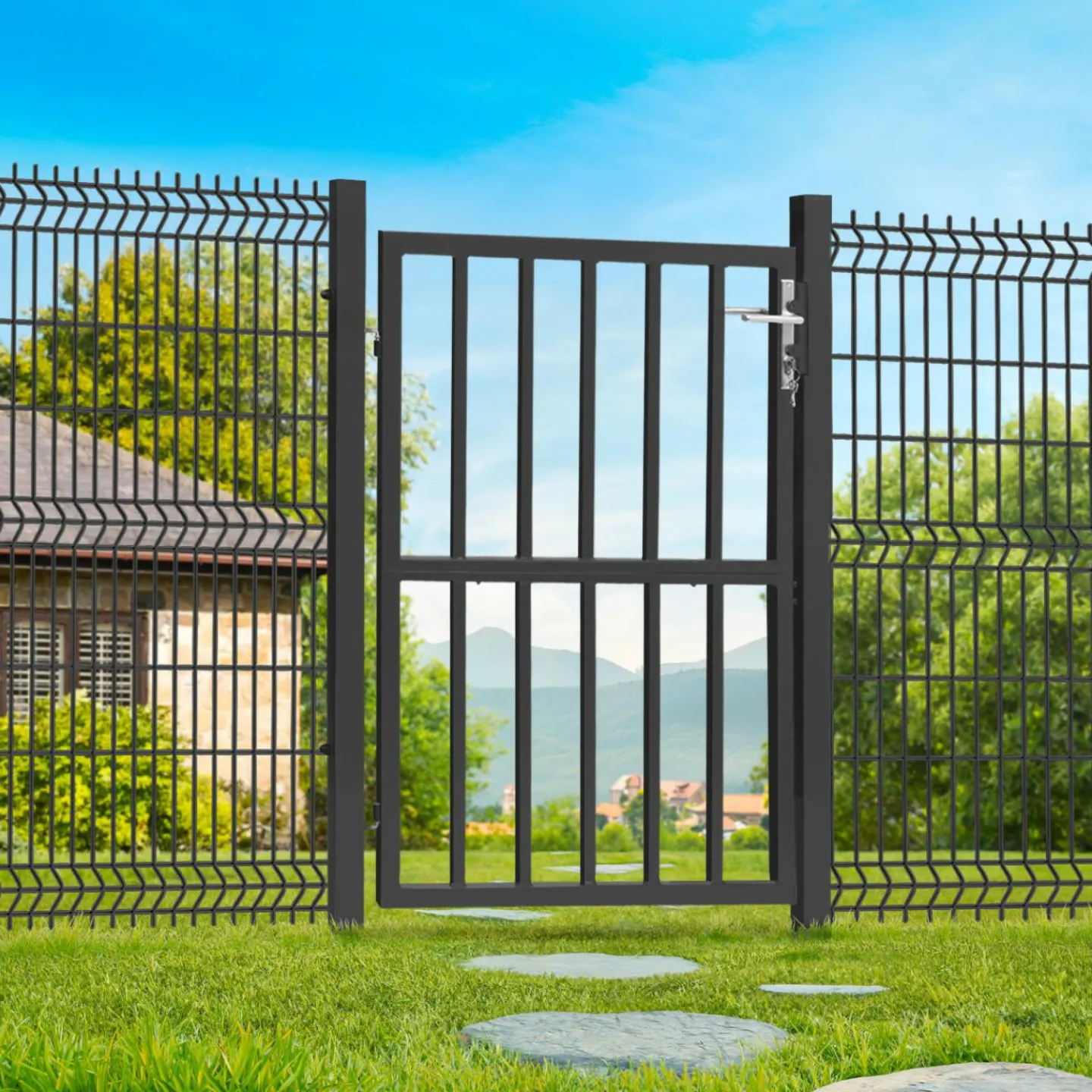 Portillon de jardin barreaudé en acier gris anthracite 105 x 125 CM avec serrure et poignée*IDMarket Hot