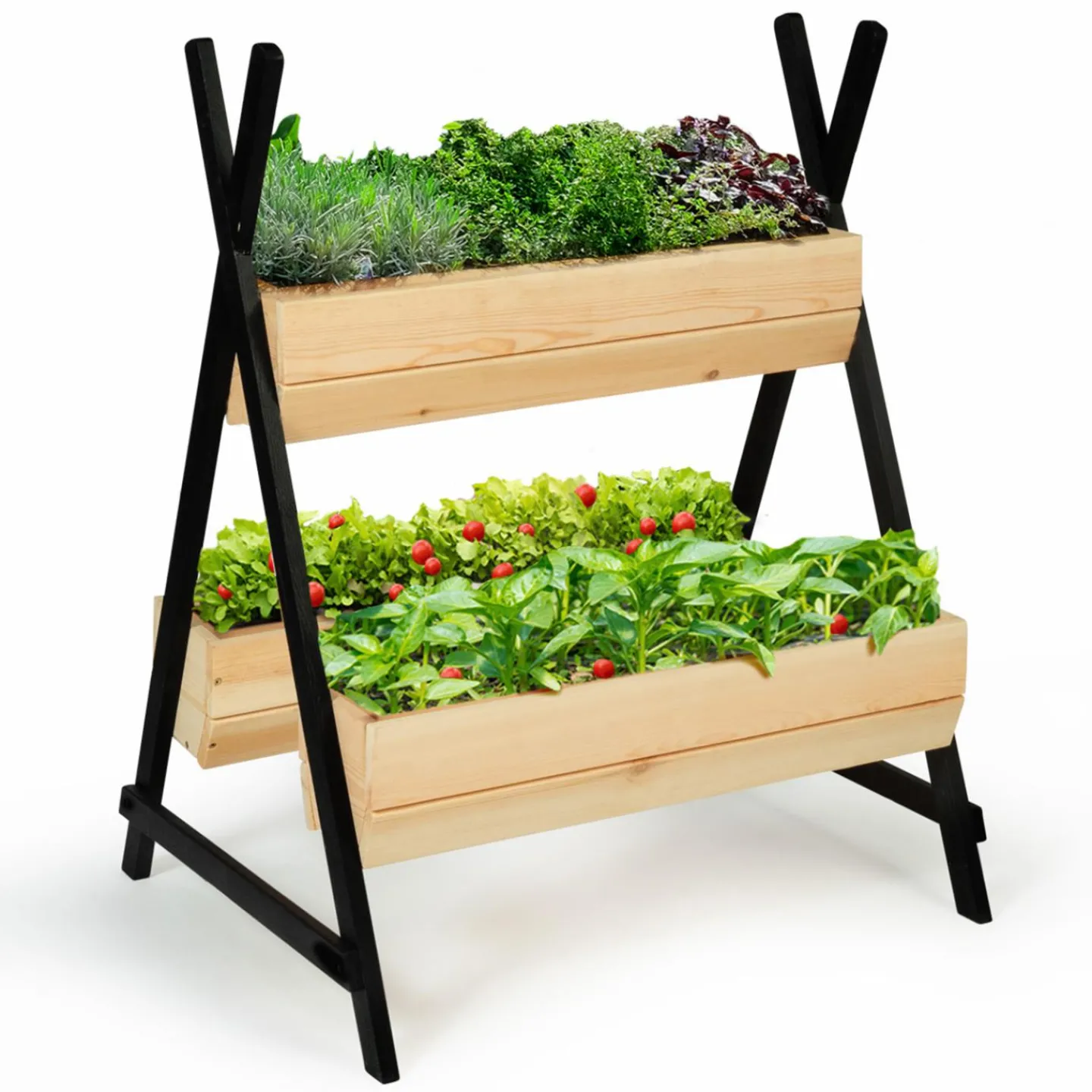 Potager 3 bacs bois finitions noires jardinière tipi*IDMarket Clearance