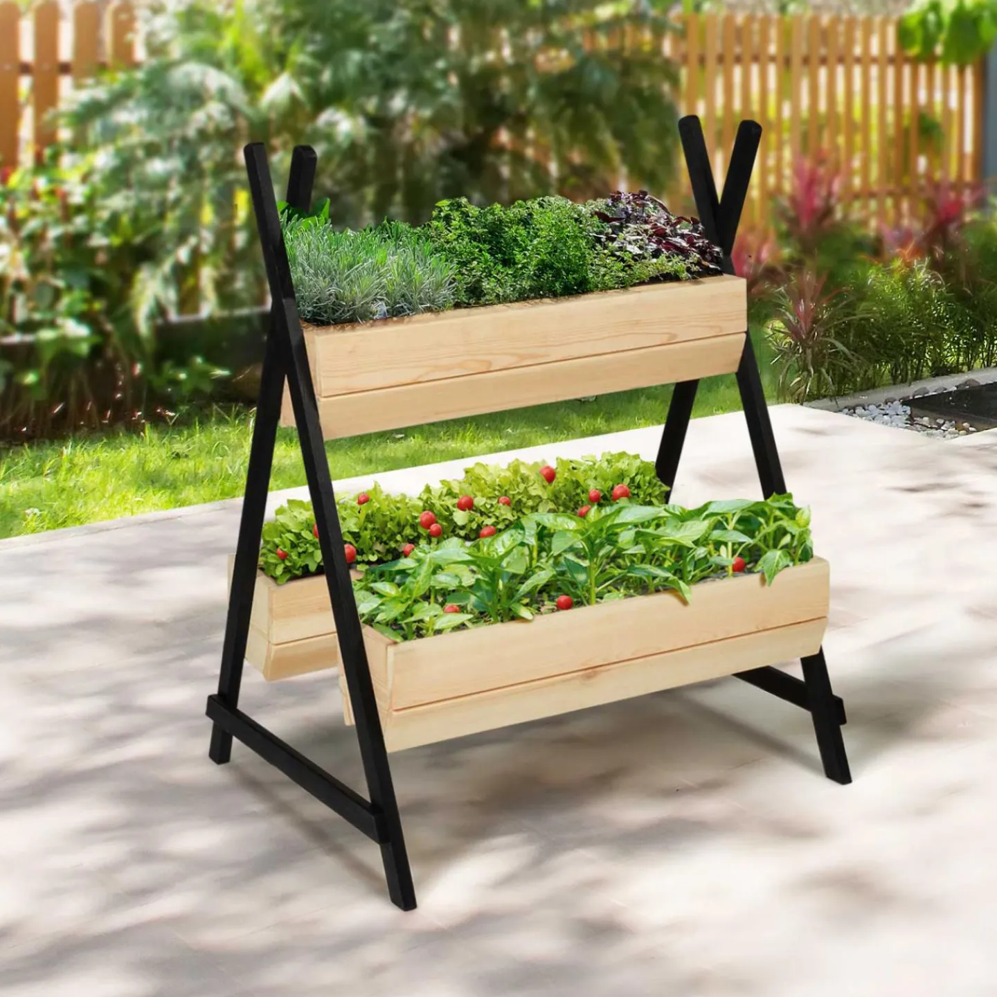 Potager 3 bacs bois finitions noires jardinière tipi*IDMarket Clearance