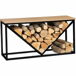 Range-bûches intérieur horizontal en métal noir et étagère bois*IDMarket New