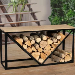 Range-bûches intérieur horizontal en métal noir et étagère bois*IDMarket New