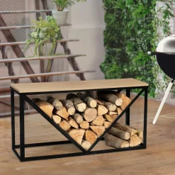 Range-bûches intérieur horizontal en métal noir et étagère bois*IDMarket New