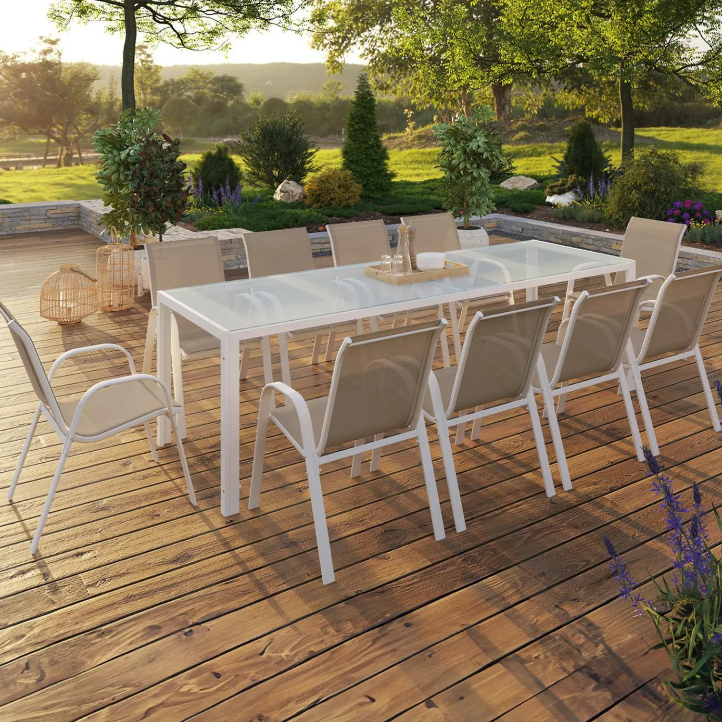 Salon de jardin 10 personnes blanc et beige 240 cm*IDMarket Clearance
