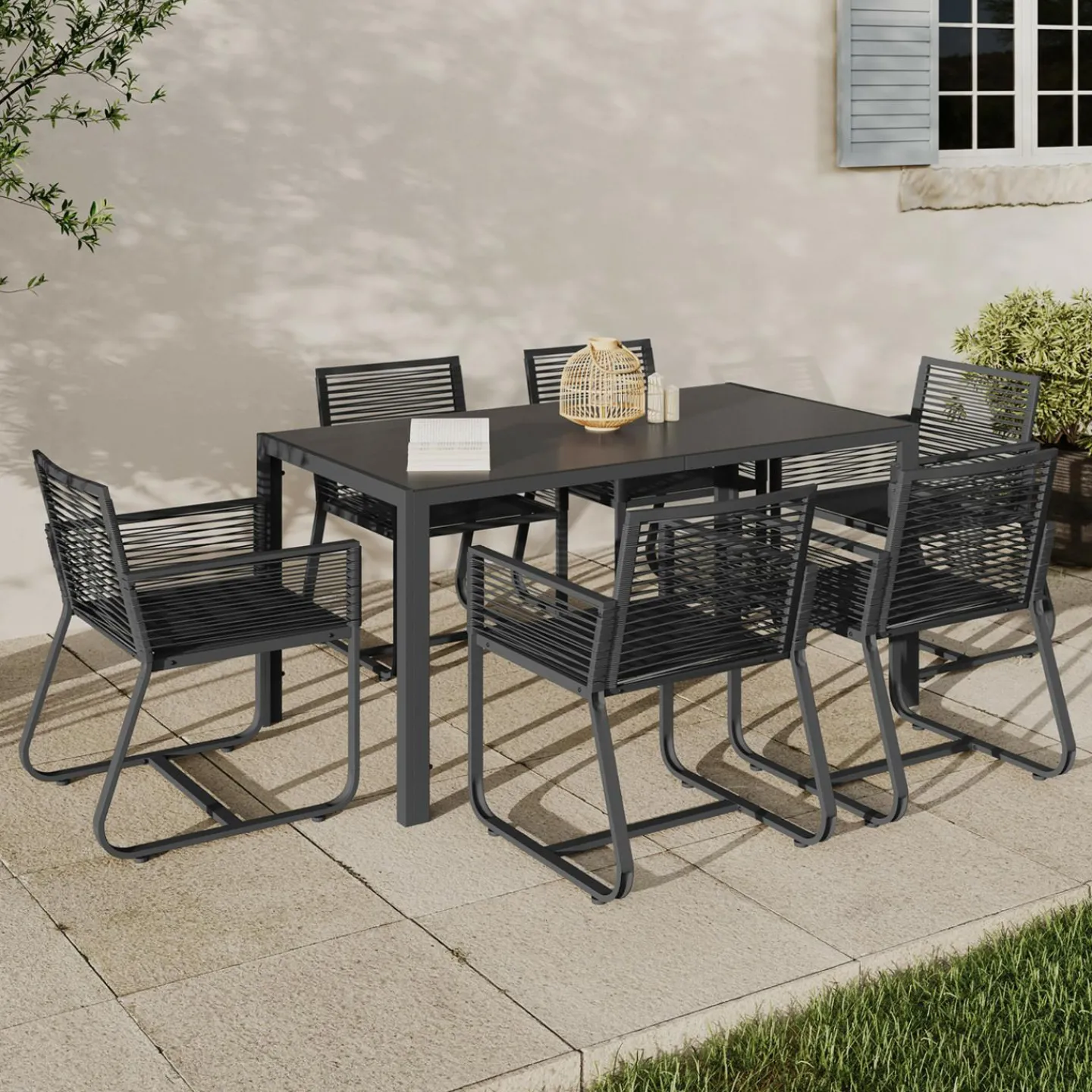 Salon de jardin 6 personnes table 150 cm fauteuils cordage gris anthracite*IDMarket Outlet