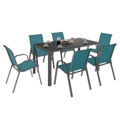 Salon de jardin 6 personnes chaises empilables bleu canard table 150 cm*IDMarket Best