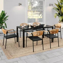 Salon de jardin 6 personnes avec chaises noir et rotin clair*IDMarket Clearance